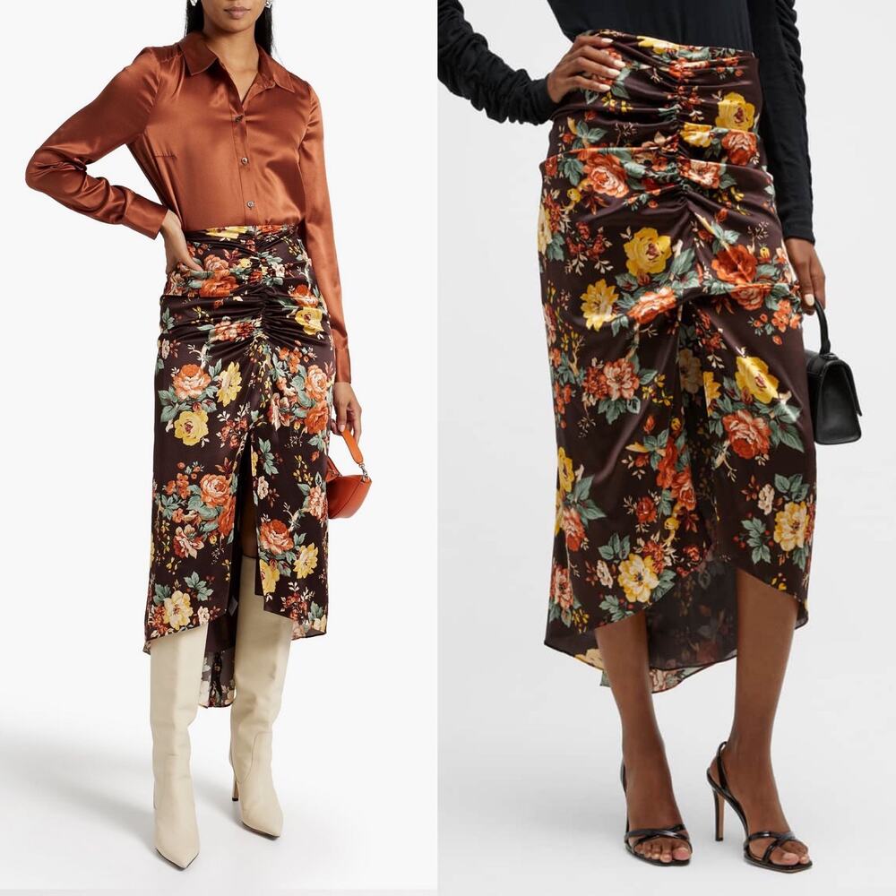 Veronica Beard Pixie Floral Print Skirt Oxblood Multi Silk Ruched Midi Size S 4